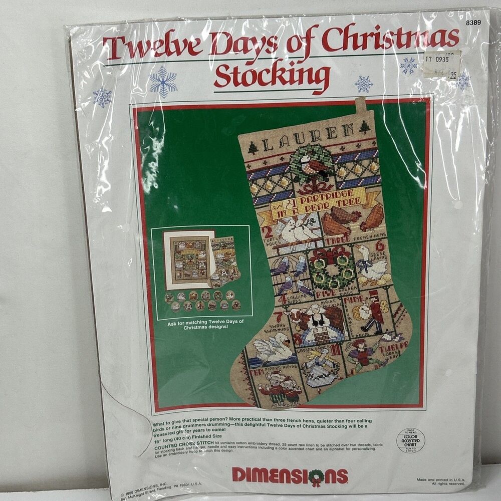 1989 Dimensions Twelve Days of Christmas Stocking Cross Stitch Kit 8389